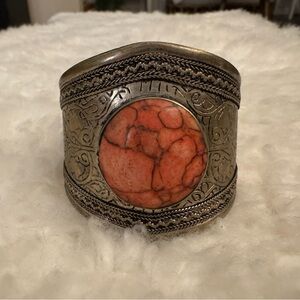 Vintage Silver Tone Cuff with Coral Color Stone